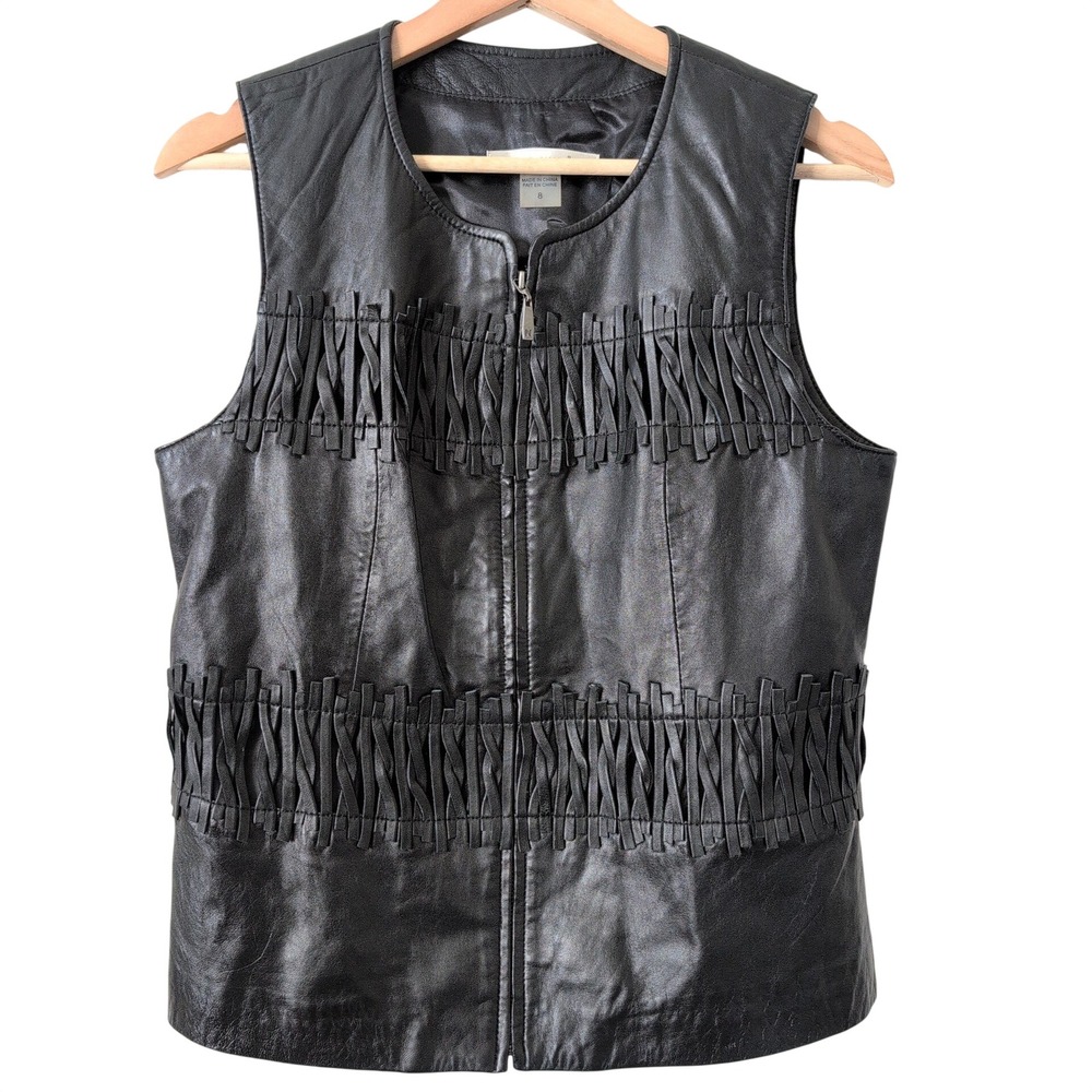 Peter Nygard Womens Black Lamb Leather Fringe Zip Up Vest Moto Biker Boho Size 8